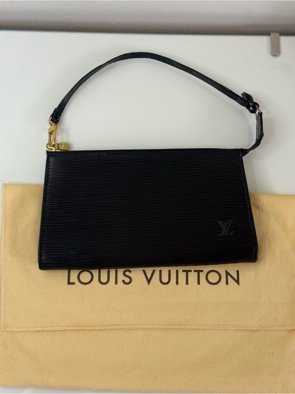 SOLD-Louis Vuitton Black Epi Leather Wristlet Pochette